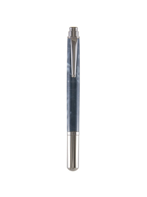 A sleek Pen & Ink rollerball pen featuring Quick Silver resin — a smoky, marbled blend of steely blues — finished with polished chrome hardware for a clean, modern edge.