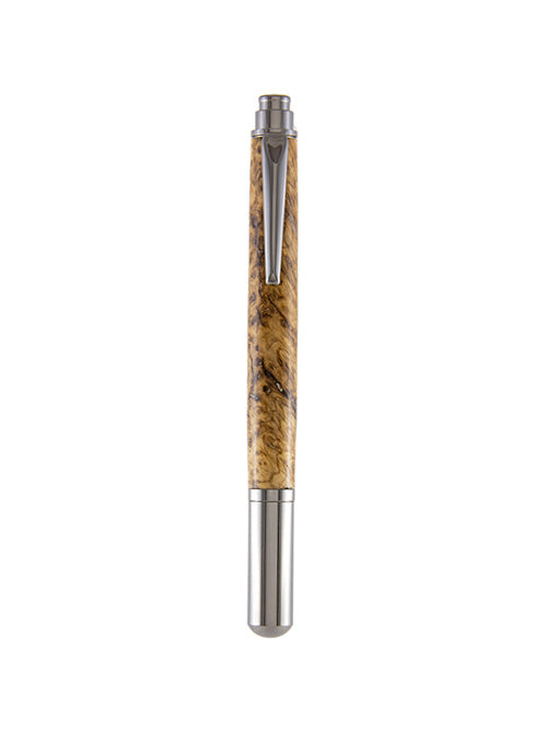 This Pen & Ink rollerball pen features a striking Black Ash wood barrel with intricate burl patterns, paired with sleek gunmetal hardware — where organic texture meets modern edge.