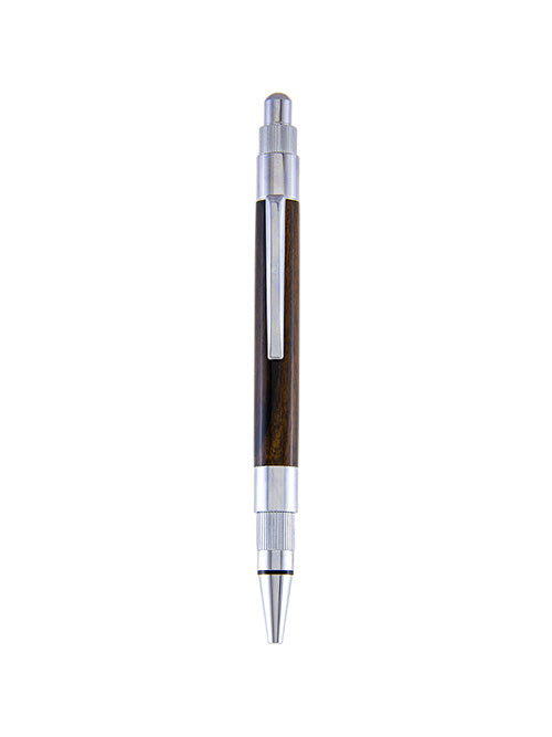 This Pen & Ink Stratus silent click pen features rich, dark-striped Ziricote wood and sleek chrome hardware — a quiet powerhouse crafted for writers who appreciate bold design with zero distractions.