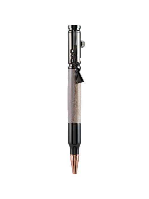 A bold Pen & Ink writing instrument crafted from naturally shed antler, featuring a rifle clip and bullet-style tip. Rugged, refined, and built to spark conversation — just like your next great idea.