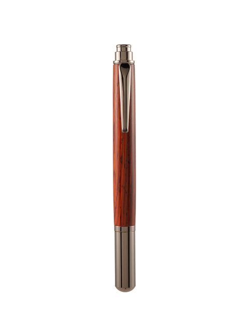 Handcrafted pen with a polished metal clip and accents, featuring a warm reddish-brown wood barrel with natural grain patterns, standing upright against a white background.