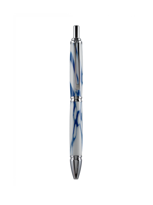 A bold click pen from Pen & Ink, featuring a glossy chrome finish and a swirling blue-and-white resin barrel — like ink frozen in motion. Functional flair for those who write with intention.