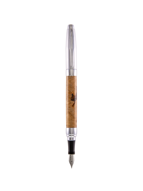 Presimo Fountain Pen with chrome cap posted and nib exposed – handcrafted Maple Burl detail