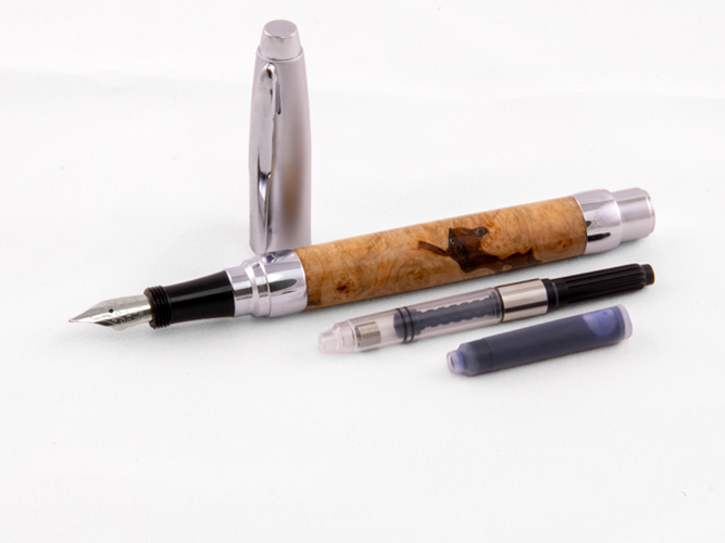 Disassembled Presimo Fountain Pen with ink converter and cartridge – Maple Burl and chrome fountain pen set
