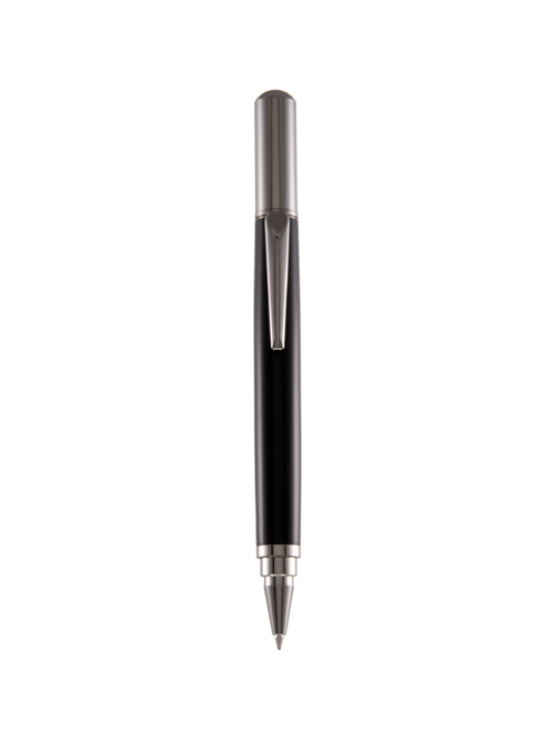 Rollester Vanta rollerball pen uncapped – postable pen in black resin with gunmetal accents