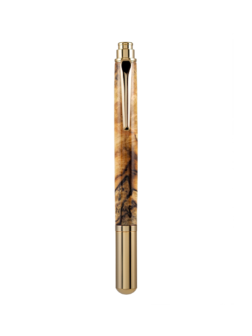 Golden warmth, grounded in grain — this Pen & Ink rollerball pen features a polished gold finish and a wild, expressive maple burl barrel. Equal parts showpiece and workhorse.