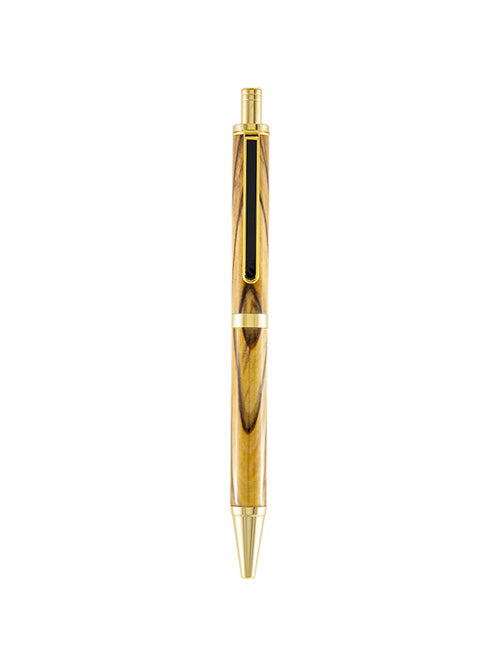 Slimline Pro pen featuring authentic olive wood barrel with distinctive dark grain patterns and polished gold hardware, displayed vertically on a white background.