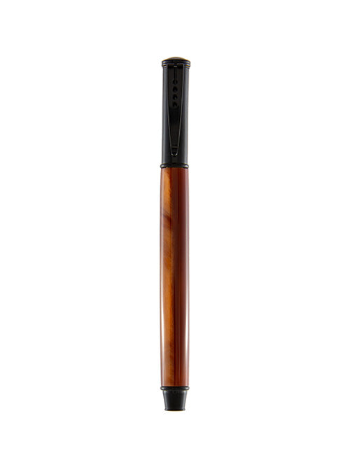 Back view of the Pen & Ink Bronze Alloy snap cap pen, showcasing its polished resin body with swirls of coppery depth and modern black trim — timeless, with an edge.