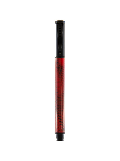 This Pen & Ink snap cap pen features deep red Cardinal resin with subtle black striping and matte black accents — a fiery flash of personality in a sleek, modern silhouette.