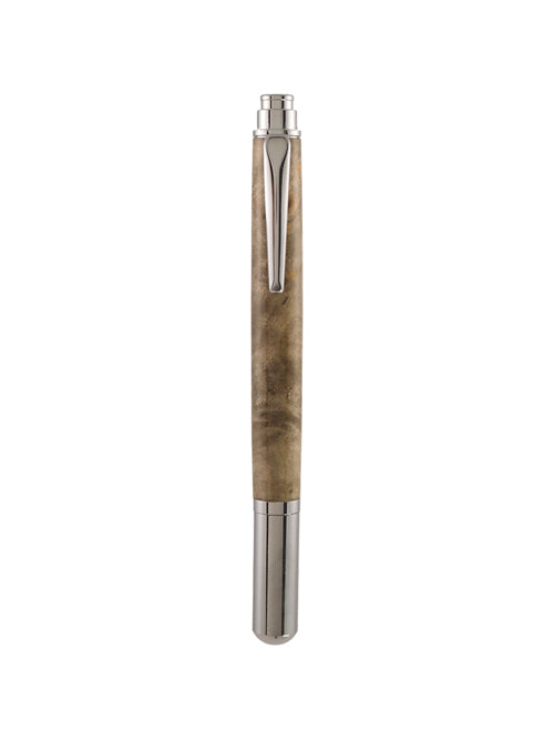 Upright view of a handcrafted pen with a light grey burl wood barrel and polished chrome accents, including a clip and end cap, displayed against a white background.