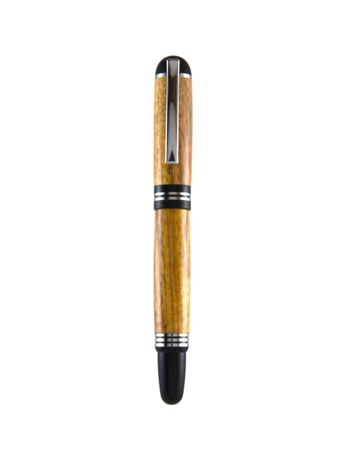 Front-facing view of The Churchill fountain pen fully capped, highlighting the grain of Canary wood and polished chrome clip.