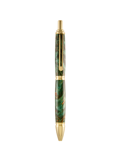 EDC Arc Mystique ballpoint pen in stabilized dark green Maple Burl wood with gold hardware, shown upright on white background