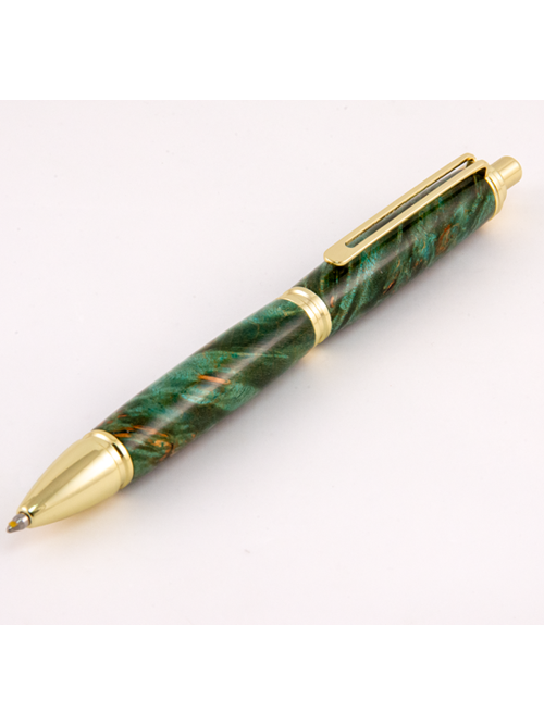 Side view of the EDC Arc Mystique ballpoint pen featuring gold accents and rich green Maple Burl wood grain, displayed on white surface