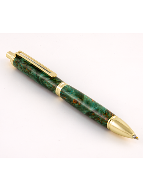EDC Arc Mystique pen with Beaufort gel refill, crafted from dark green stabilized Maple Burl and gold trim, angled on white background