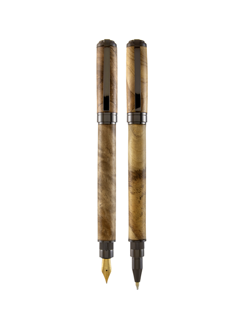 Pen & Ink Graduate fountain and rollerball pen set featuring satin-finished Myrtle wood and gunmetal hardware. The fountain pen has a slightly darker wood tone than the rollerball.