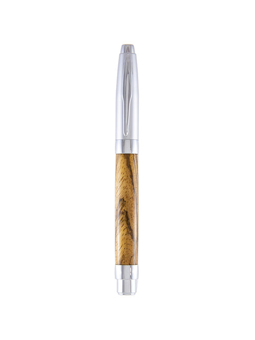 Presimo fountain pen featuring a polished chrome cap and rich Zebrawood body, handcrafted for everyday writing with an included Iridium nib and elegant design