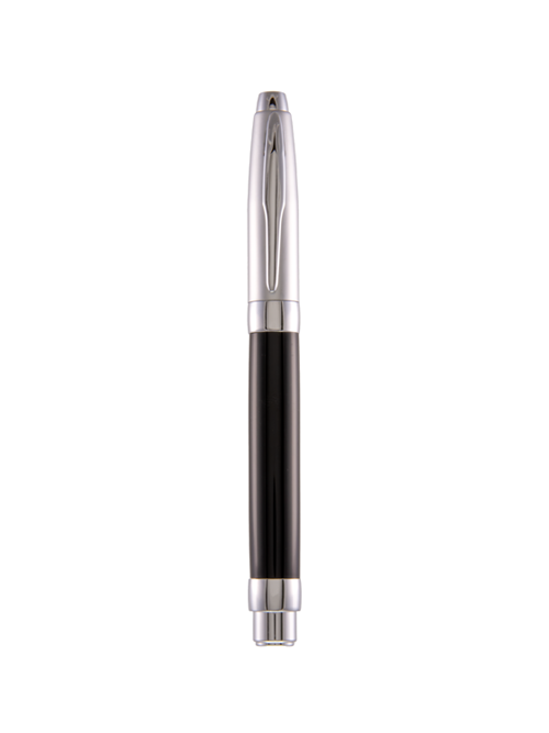 Presimo Fountain Pen in Tuxedo Black with chrome cap and glossy black barrel, capped and upright against white background