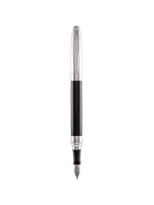 Presimo Tuxedo Black fountain pen with chrome accents, uncapped and nib exposed with cap posted on back