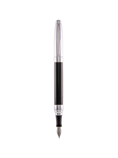 Presimo Tuxedo Black fountain pen with chrome accents, uncapped and nib exposed with cap posted on back