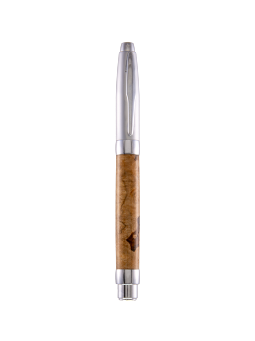 Chrome and Maple Burl fountain pen with cap closed – Presimo Fountain Pen by Pen & Ink