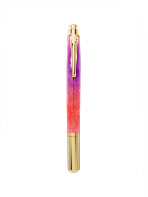 This Pen & Ink rollerball pen features our playful Strawberry Daiquiri resin — a swirl of coral, pink, and violet — paired with radiant gold hardware. Bold taste, smooth finish.