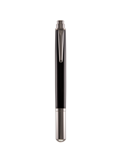 Rollester Vanta rollerball pen capped – black resin and gunmetal luxury pen by Pen & Ink