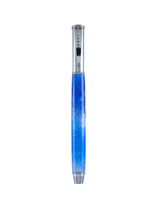 Blueberry Crush Snap Cap Rollerball pen with high-gloss blue resin and chrome trim – capped view