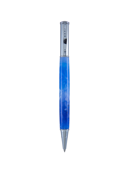 Blueberry Crush Snap Cap pen with exposed writing tip, featuring a vibrant blue resin barrel and sleek silver clip