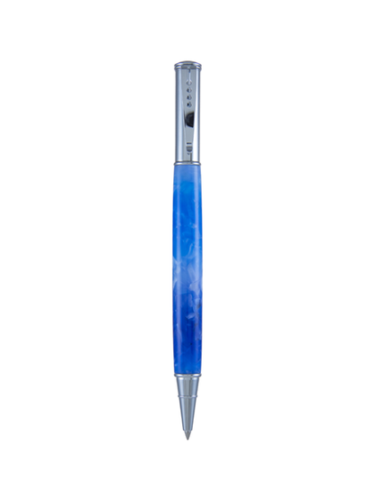 Blueberry Crush Snap Cap pen with exposed writing tip, featuring a vibrant blue resin barrel and sleek silver clip