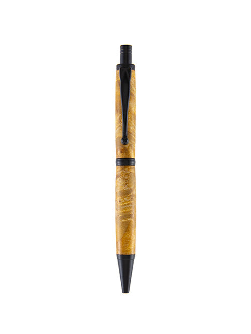 This Pen & Ink click pen features golden Maple Burl wood with a smooth satin finish and matte black accents — a rugged yet refined companion with texture and soul.