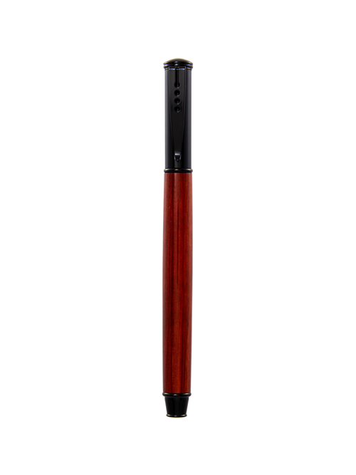 This Pen & Ink snap cap pen showcases vibrant Redheart wood with a rich, natural grain, paired with sleek black chrome hardware — a classic silhouette with a fiery twist.
